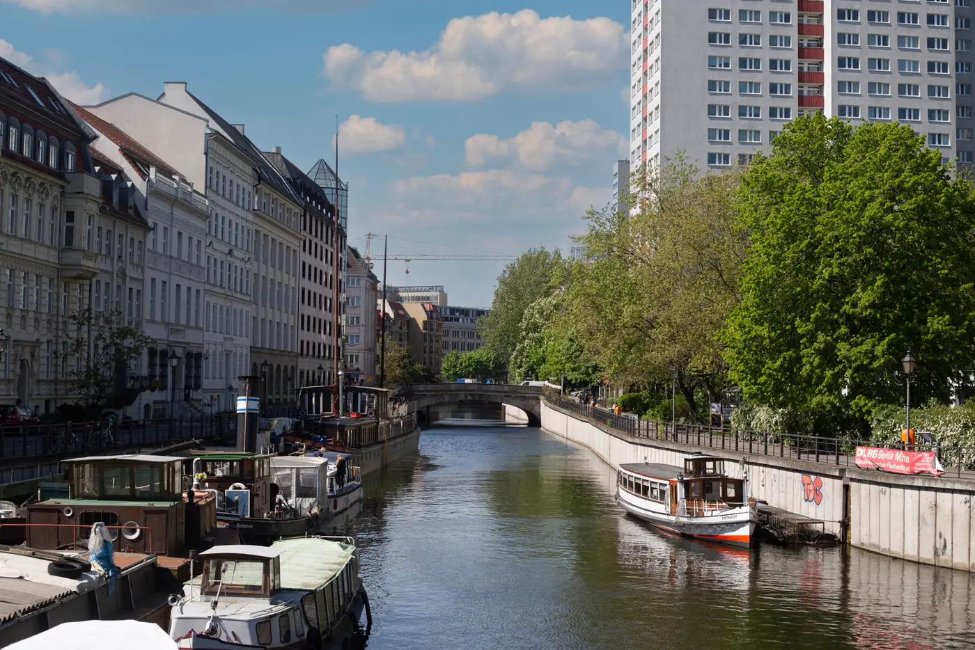 Boats moored on a Berlin canal.